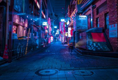 Nakano Tokyo 'da bir gece neon sokağında.