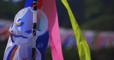 Ryujin 'de sazan bayrakları. Ibaraki' de büyük bir köprü. Gündüz güneşli yakın çekim.