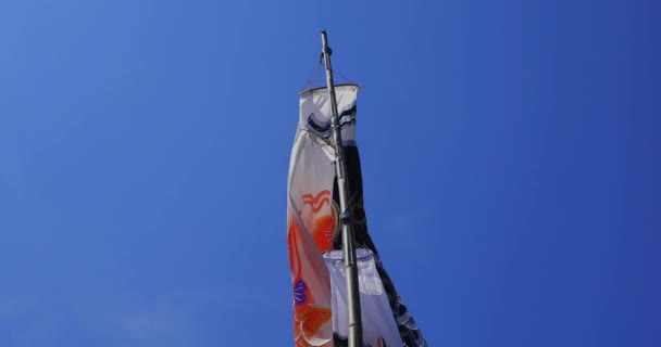茨城県の青空の後ろに鯉のストリーマー昼の日当たりの良いクローズアップハンドヘルド — ストック動画