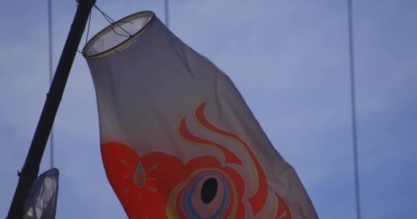Carpe banderoles derrière le ciel bleu à Ibaraki diurne ensoleillé gros plan main — Video