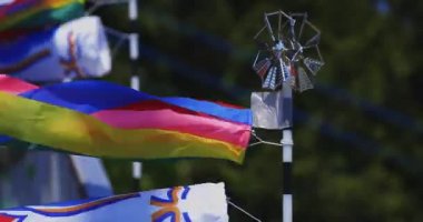 Ryujin 'de sazan bayrakları. Ibaraki' de büyük bir köprü. Gündüz güneşli yakın çekim.