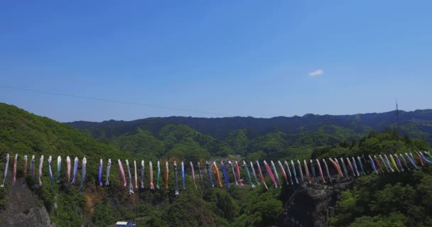 Carp streamers at Ryujin big bridge in Ibaraki daytime sunny copy space — Wideo stockowe