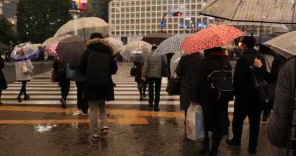 Walking emberek a Shibuya átkelés Tokió esős napon — Stock videók