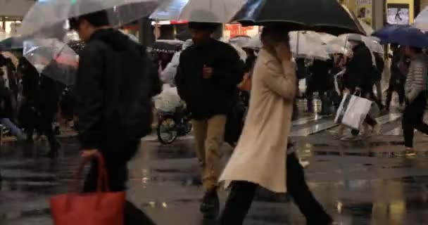 Caminando gente en Shibuya cruzando en Tokio día lluvioso — Vídeos de Stock