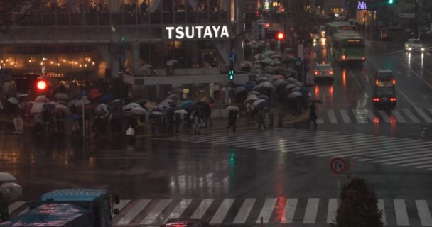 Caminando gente en Shibuya cruzando en Tokio día lluvioso ángulo alto — Vídeo de stock