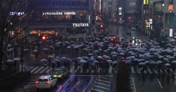 Walking people at Shibuya crossing in Tokyo rainy day high angle — Stock Video