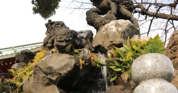 Statue guardian dog at Kanda shrine in Tokyo tilt — Stockvideo