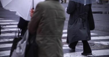 Shibuya 'da yağmurlu bir günde geçitte yürüyen insanların ağır çekimleri.