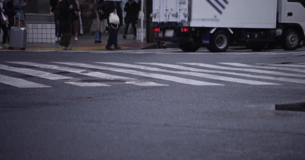 Un ralenti de la marche des gens au passage à niveau dans Shibuya jour de pluie — Video