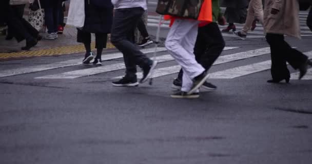 Zpomalený pohyb chodících lidí na křižovatce v Shibuya deštivý den — Stock video
