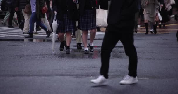 Een langzame beweging van wandelende mensen op de kruising in Shibuya regenachtige dag — Stockvideo