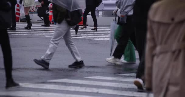 Eine Zeitlupe laufender Menschen an der Kreuzung in Shibuya an einem regnerischen Tag — Stockvideo