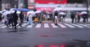 Shibuya 'da yağmurlu bir günde geçitte yürüyen insanların ağır çekimleri.