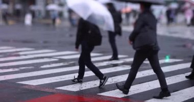 Shibuya 'da yağmurlu bir günde geçitte yürüyen insanların ağır çekimleri.