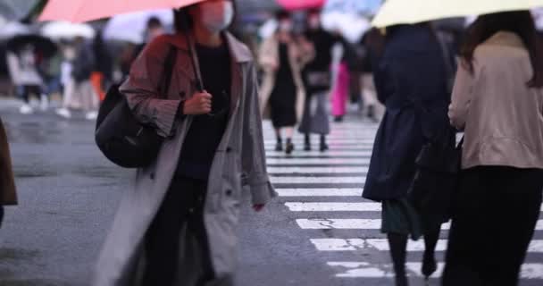 A slow motion of walking people at the crossing in Shibuya rainy day — стокове відео