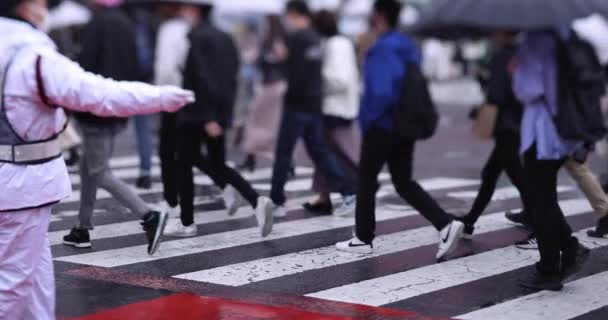 在Shibuya雨天，人们在十字路口慢吞吞地走着 — 图库视频影像