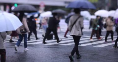 Shibuya 'da yağmurlu bir günde geçitte yürüyen insanların ağır çekimleri.