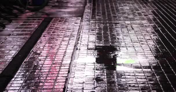 Puddle on the city street in Shinjuku at night rainy day handheld — Stockvideo