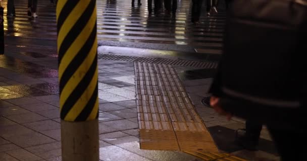 Body parts of walking people on the street in Shinjuku at night rainy day handheld — Stockvideo