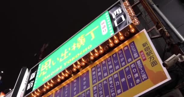 A night neon board in Shinjuku rainy day handheld — Stockvideo
