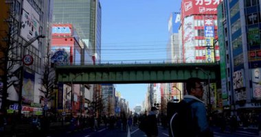 Akihabara Tokyo gündüz geniş çekim tatil sokakta yürüyüş insanlar