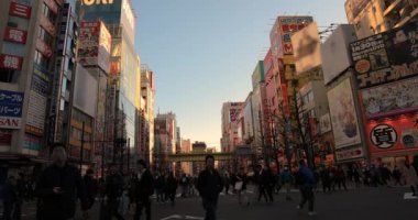 Akihabara Tokyo gündüz geniş çekim tatil sokakta yürüyüş insanlar