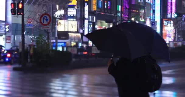 Odprowadzanie Ludzi Skrzyżowaniu Deszczowe Dni Nocy Pod Ręką Shinjuku District — Wideo stockowe