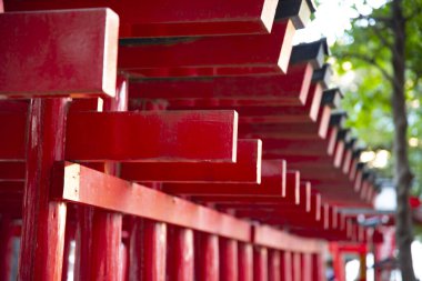 Japon geleneksel tapınağında büyük kapı. Shinjuku ilçesi Tokyo Japonya - 01.21.2019 : Geleneksel türbede Torii adı verilen geleneksel bir kapıdır. kamera : Canon Eos 5d mark4
