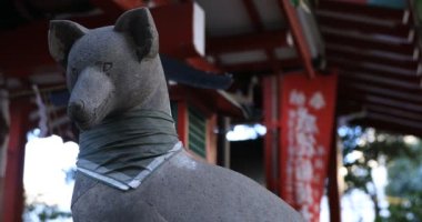 Geleneksel tapınakta heykel koruyucu köpek. Shinjuku ilçesi Tokyo Japonya - 01.21.2019 : Geleneksel türbede eski bir heykeldir. kamera : Canon Eos 5d mark4