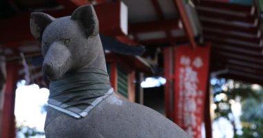 Geleneksel tapınakta heykel koruyucu köpek. Shinjuku ilçesi Tokyo Japonya - 01.21.2019 : Geleneksel türbede eski bir heykeldir. kamera : Canon Eos 5d mark4