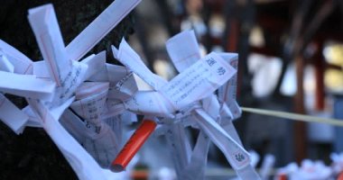 Japon geleneksel tapınağında kahinler. Shinjuku ilçesi Tokyo Japonya - 01.21.2019 : Geleneksel tapınakta Omikuji adında bir Japon kahini. kamera : Canon Eos 5d mark4