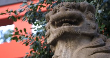 Geleneksel tapınakta heykel koruyucu köpek. Shinjuku ilçesi Tokyo Japonya - 01.21.2019 : Geleneksel türbede eski bir heykeldir. kamera : Canon Eos 5d mark4