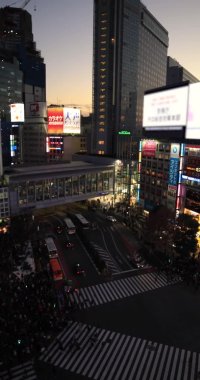 Alacakaranlık dikey çekimde neon kasabasından geçmekle meşguldüm. Shibuya Tokyo Bölgesi - 01.19.2019: Tokyo 'da ünlü bir geçiştir..