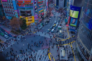 Gündüz vakti yüksek açılı ünlü bir çekim. Shibuya Ward Tokyo Japonya - 02.14.2019: Tokyo 'nun merkezidir. Kamera: Canon EOS 5D işaret 4