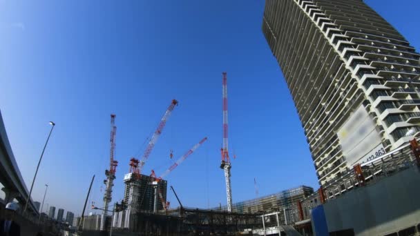 Lapso Tiempo Grúas Movimiento Plano Ancho Construcción Distrito Kouto Ariake — Vídeo de stock