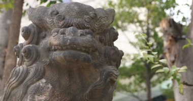 Geleneksel tapınakta koruyucu köpek heykeli. Chiyoda bölgesi Tokyo - 02.07.2019: Geleneksel tapınakta bulunan eski bir heykel. Kamera: Canon EOS 5D işaret 4