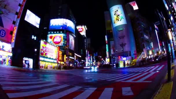 Passagem Lapso Tempo Noturno Panning Tiro Largo Cidade Néon Shibuya — Vídeo de Stock