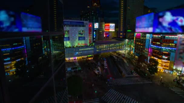 Natt Tidsfördröjning Korsning Neon Town High Vinkel Wide Shot Shibuya — Stockvideo