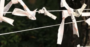 Japon geleneksel tapınağındaki kahinler. Chiyoda bölgesi Tokyo - 02.07.2019: Geleneksel tapınakta OMIKUJI adında bir Japon kahin. Kahinlerin metin servetine çeviri