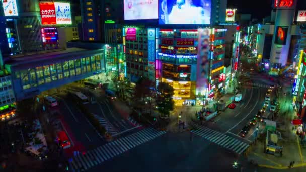 Night Time Lapse Crossing Neon Town High Angle Wide Shot — Stock Video