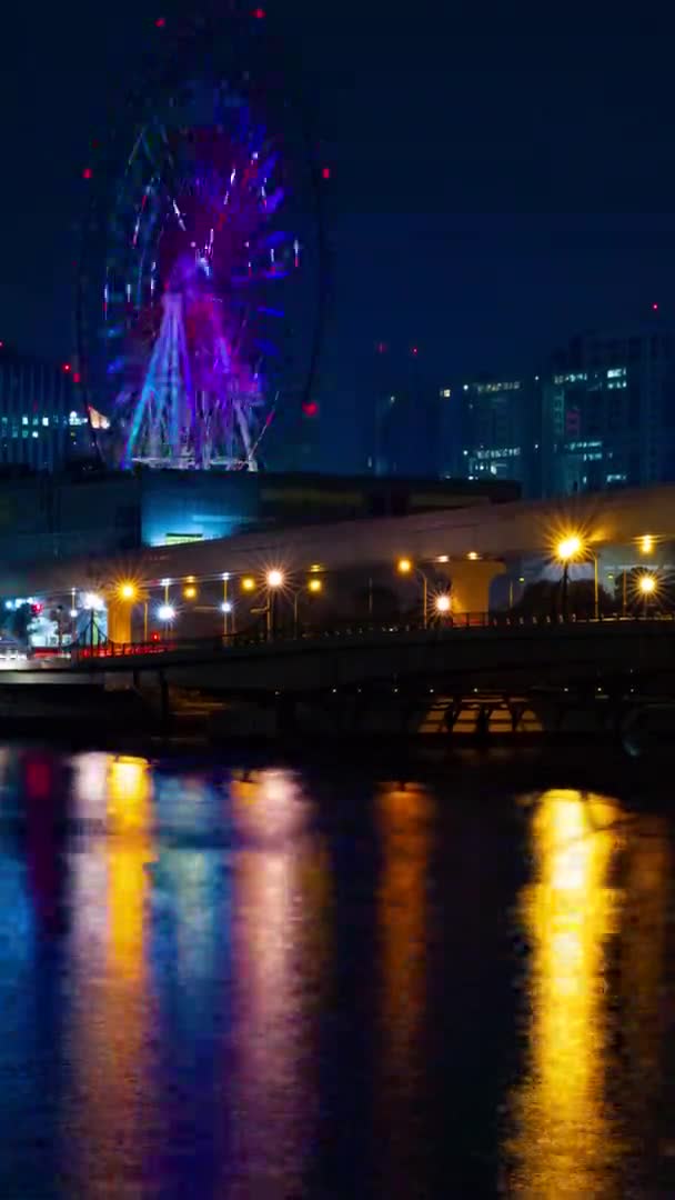 Gece Dikey Çekimde Nehir Kenarındaki Dönme Dolap Koutou Odaiba Tokyo — Stok video