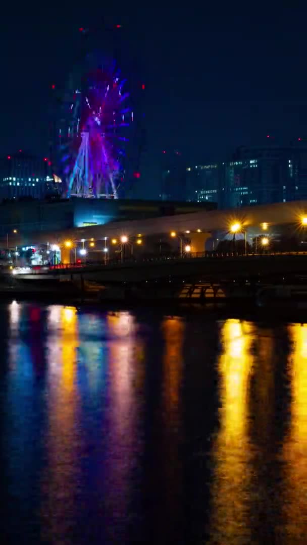 Riesenrad Der Nähe Des Flusses Der Nacht Senkrecht Erschossen Koutou — Stockvideo