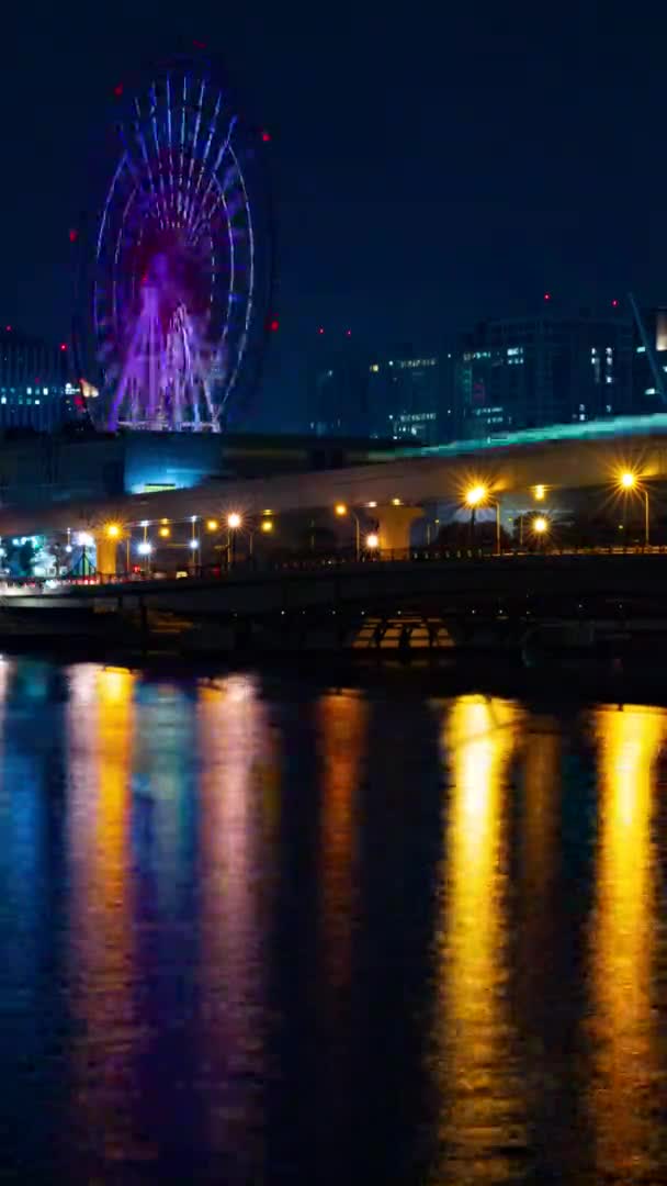 Колесо Обозрения Возле Реки Ночью Вертикальный Выстрел Koutou Odaiba Tokyo — стоковое видео