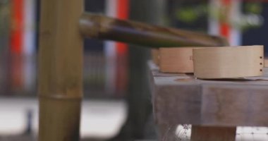 Tokyo 'daki geleneksel Japon tapınağında arınma yalağı. Suginami-ku Tokyo Japonya - 01.08.2018: Geleneksel tapınakta CHOZUYA adı verilen bir arıtma çukuru. Kamera: Canon EOS 5D işaret 4