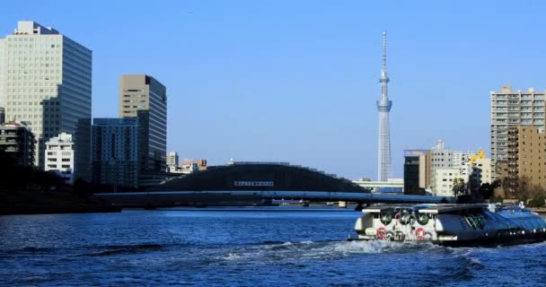 Πλωτό Σκάφος Στο Ποτάμι Στο Κέντρο Πτέρυγα Κουού Τόκιο Ιαπωνία — Αρχείο Βίντεο