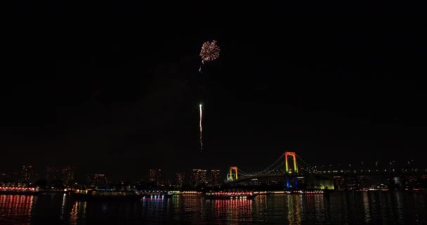 Vuurwerk Buurt Van Regenboog Brug Het Strand Koutou Odaiba Tokyo — Stockvideo