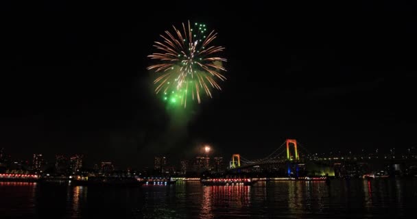 Fogos Artifício Perto Ponte Rainbow Praia Koutou Odaiba Tokyo Japan — Vídeo de Stock