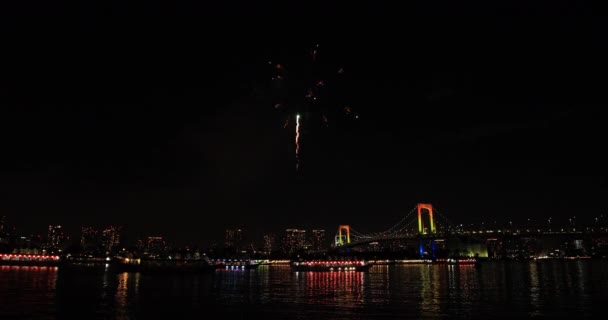 Vuurwerk Buurt Van Regenboog Brug Het Strand Koutou Odaiba Tokyo — Stockvideo