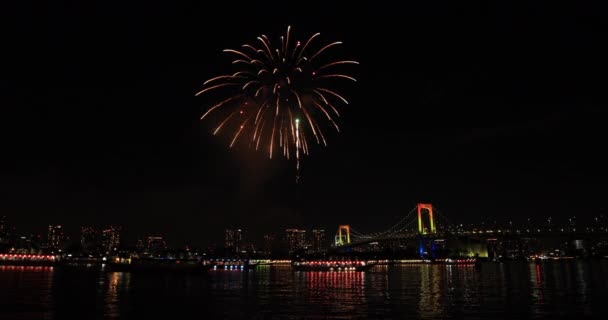Fogos Artifício Perto Ponte Rainbow Praia Koutou Odaiba Tokyo Japan — Vídeo de Stock
