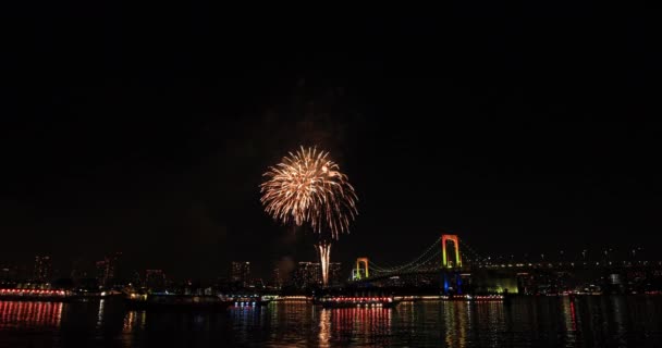 Fuegos Artificiales Cerca Del Puente Rainbow Playa Koutou Odaiba Tokio — Vídeos de Stock